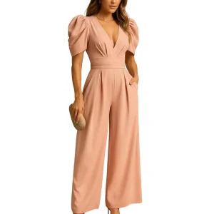 Women's elegant long jumpsuit with a tailored fit and flowing wide-leg silhouette, ideal for weddings, formal events, dinners, and evening parties.