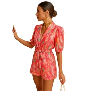 Women’s Short Printed Jumpsuit side view – Belted Vacation Romper