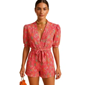 Women's printed belted romper with a lightweight fabric and adjustable waist, perfect for summer vacations, beach trips, brunch, and casual wear.