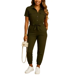 Women's tailored slim fit jumpsuit with a button-front design, perfect for office wear, business casual outfits, dinners, and special occasions.