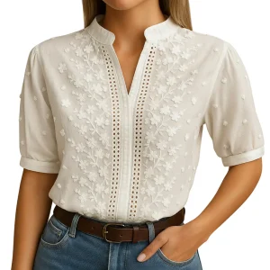 Women’s White Button-Down Blouse Front view– Tailored Business Casual Shirt