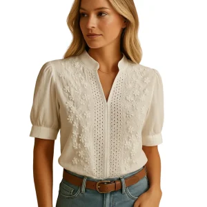 Women's white button-down blouse with a tailored fit and classic collar, ideal for office, business casual, and everyday wear.