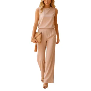 Women's wide leg jumpsuit with a round neckline and flattering mid-waist fit, ideal for work, parties, weddings, and elegant everyday wear.